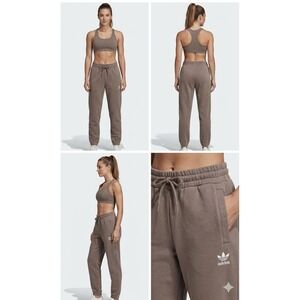 Adidas Jogger Pants Womens Chalky Brown Fleece Drawstring Activewear Tapered Leg